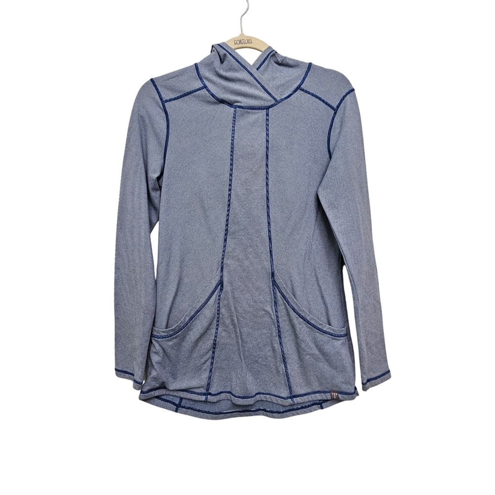 Title Nine Tunic Hoodie Women S Blue Striped Cowl Neck Pockets Athletic Pullover